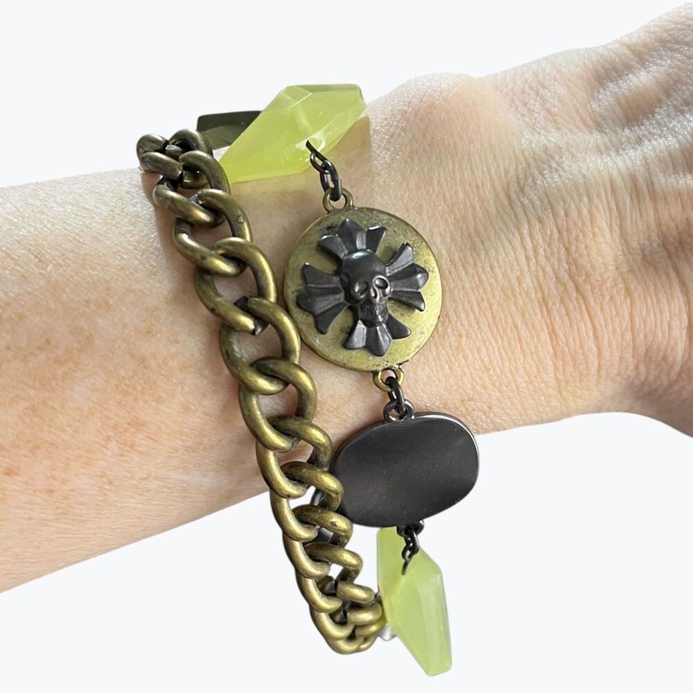 Chunky Chain Linked Skull Coin Charm Bracelet Antiqued Skeleton Punk Grunge Y2K
